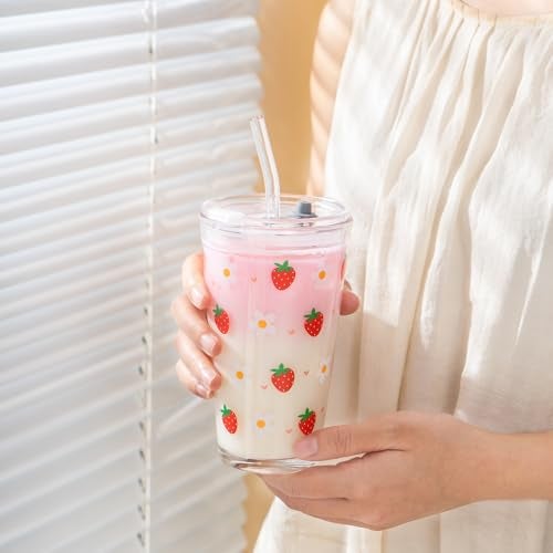 Olvini 15oz Glass Tumbler with Glass Straw and Lid, Cute Iced Coffee Cups, Aesthetic Glass Cups, Coffee Tumbler, Water Cup, Matcha Cup, Drinking Glasses (Strawberry) - Image 5