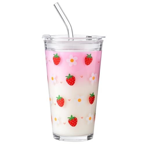 Olvini 15oz Glass Tumbler with Glass Straw and Lid, Cute Iced Coffee Cups, Aesthetic Glass Cups, Coffee Tumbler, Water Cup, Matcha Cup, Drinking Glasses (Strawberry) - Image 1