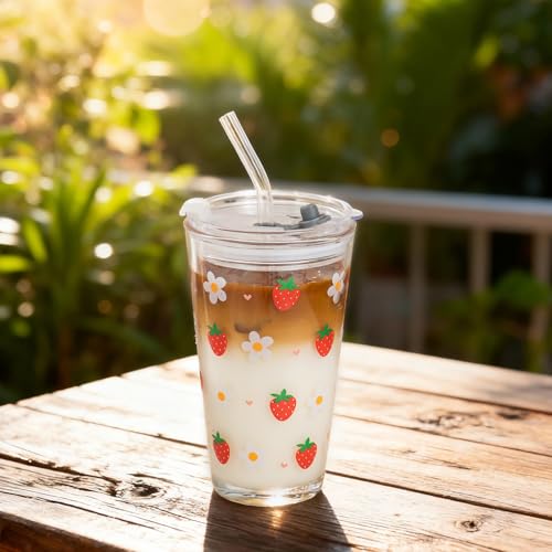 Olvini 15oz Glass Tumbler with Glass Straw and Lid, Cute Iced Coffee Cups, Aesthetic Glass Cups, Coffee Tumbler, Water Cup, Matcha Cup, Drinking Glasses (Strawberry) - Image 4