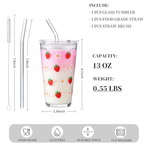 Olvini 15oz Glass Tumbler with Glass Straw and Lid, Cute Iced Coffee Cups, Aesthetic Glass Cups, Coffee Tumbler, Water Cup, Matcha Cup, Drinking Glasses (Strawberry) - Image 3