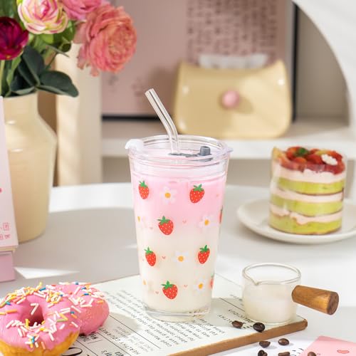 Olvini 15oz Glass Tumbler with Glass Straw and Lid, Cute Iced Coffee Cups, Aesthetic Glass Cups, Coffee Tumbler, Water Cup, Matcha Cup, Drinking Glasses (Strawberry) - Image 2