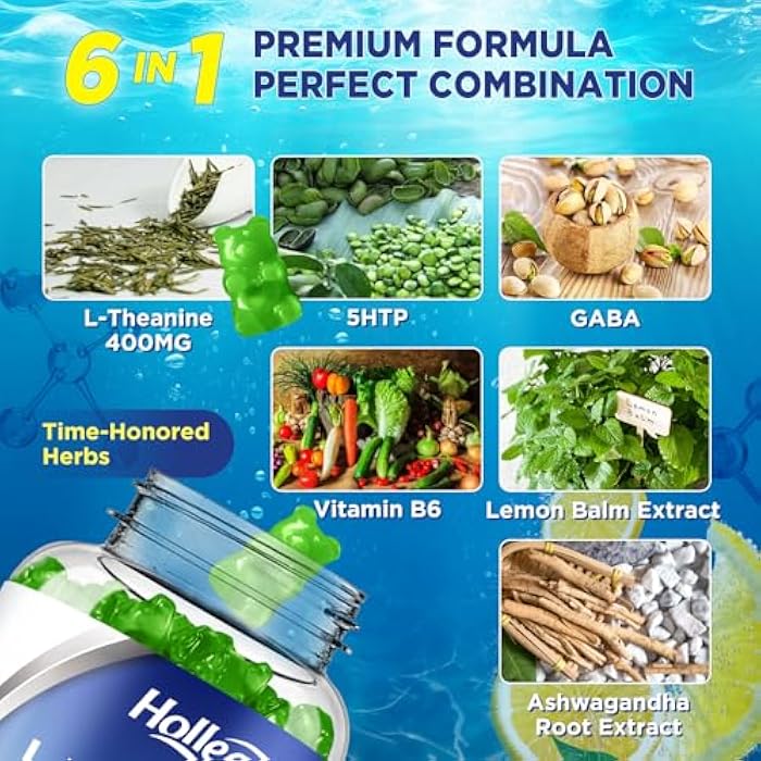 Hollegend L-Theanine Gummies, l'theanine 400mg with Ashwagandha, GABA, 5HTP,L-Theanine Chewable Supplement for Relax, Zzz & Focus Support, Vegan, Lemon Flavor, 60 Counts - Image 2