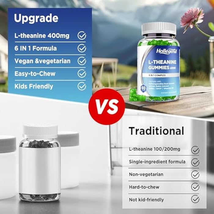 Hollegend L-Theanine Gummies, l'theanine 400mg with Ashwagandha, GABA, 5HTP,L-Theanine Chewable Supplement for Relax, Zzz & Focus Support, Vegan, Lemon Flavor, 60 Counts - Image 4