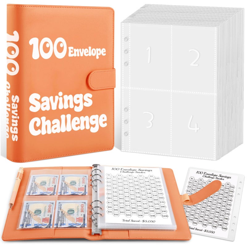 Zuozee 100 Envelopes Money Saving Challenge Binder, A5 Savings Binder for Planning and Saving $5050, Budget Binder with 25 Cash Envelopes and 3 Savings Challenges Trackers, Orange - Image 1