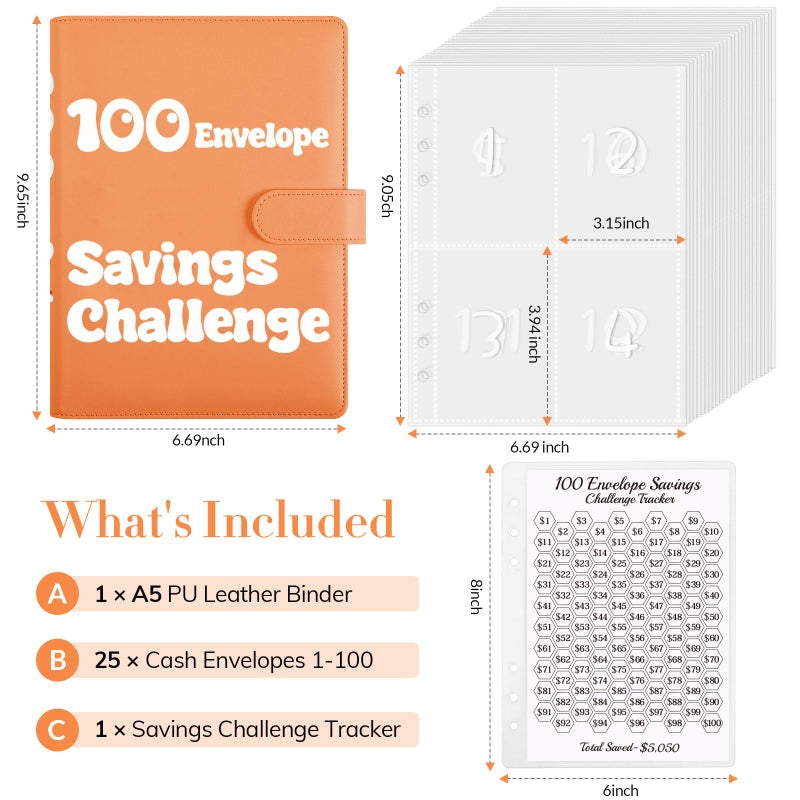Zuozee 100 Envelopes Money Saving Challenge Binder, A5 Savings Binder for Planning and Saving $5050, Budget Binder with 25 Cash Envelopes and 3 Savings Challenges Trackers, Orange - Image 2