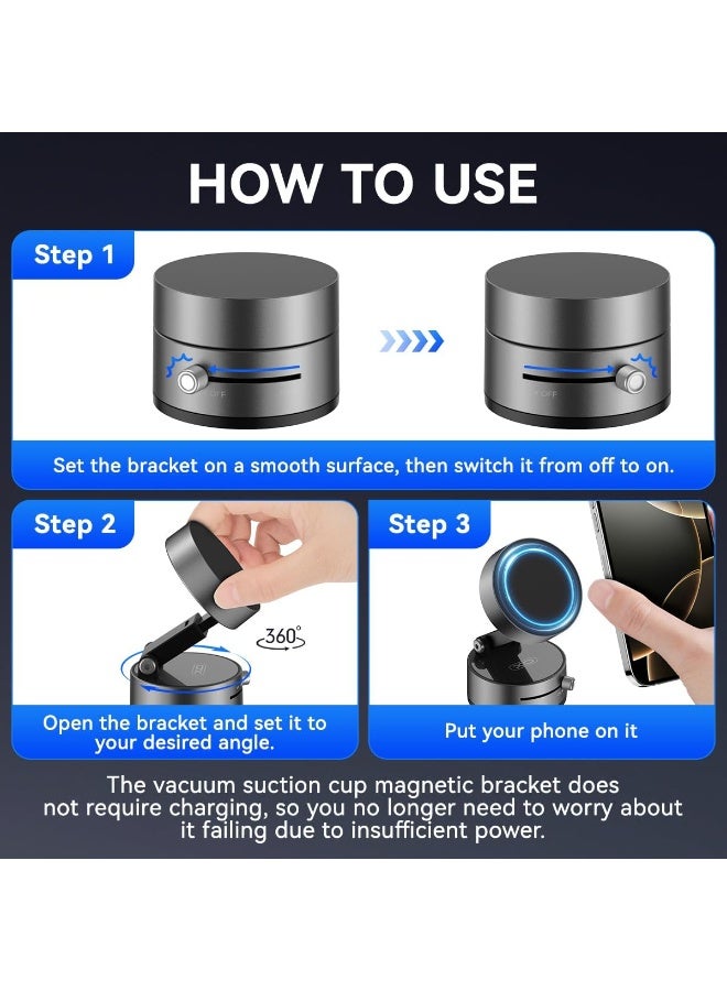 SUKILO Vacuum Magnetic Suction Phone Holder - 360° Adjustable Foldable Suction Cup Car Mount, Hands-Free Cell Phone Holder for Car, Gym, Mirror & Smooth Surfaces, Compatible with iPhone 16/15/14/13/12 Series - Image 2