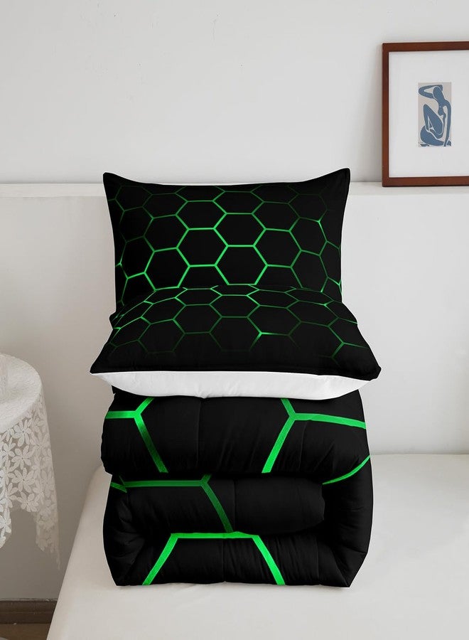 Feelyou Hexagonal Bedding Set 3D Geometric Honeycomb Comforter Set for Kids Boys Girls Luxury Beehive Hexagon Comforter Neon Green Black Decor Quilt Set Bedroom Collection 3Pcs Queen Size - Image 3