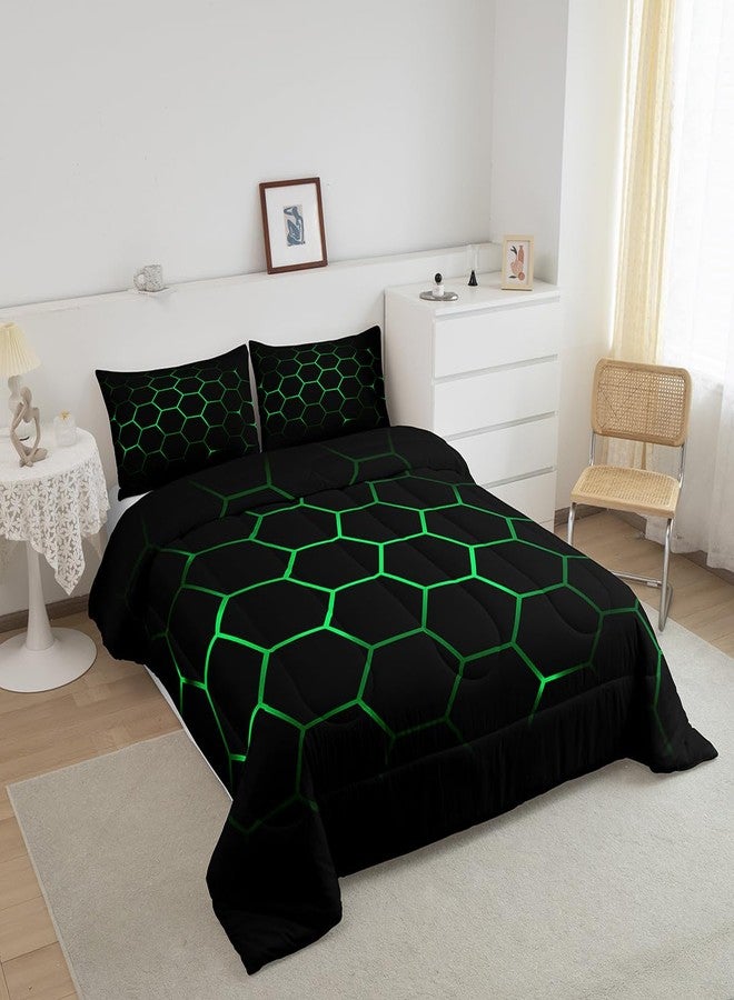 Feelyou Hexagonal Bedding Set 3D Geometric Honeycomb Comforter Set for Kids Boys Girls Luxury Beehive Hexagon Comforter Neon Green Black Decor Quilt Set Bedroom Collection 3Pcs Queen Size - Image 2