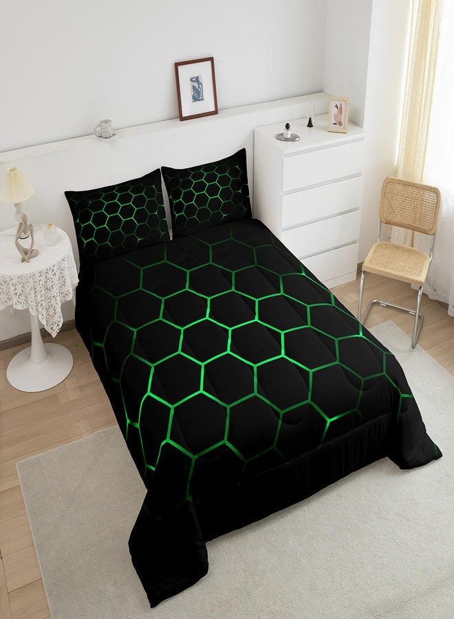 Feelyou Hexagonal Bedding Set 3D Geometric Honeycomb Comforter Set for Kids Boys Girls Luxury Beehive Hexagon Comforter Neon Green Black Decor Quilt Set Bedroom Collection 3Pcs Queen Size - Image 4