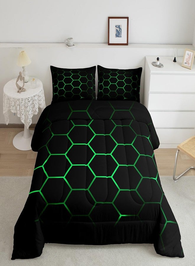 Feelyou Hexagonal Bedding Set 3D Geometric Honeycomb Comforter Set for Kids Boys Girls Luxury Beehive Hexagon Comforter Neon Green Black Decor Quilt Set Bedroom Collection 3Pcs Queen Size - Image 1
