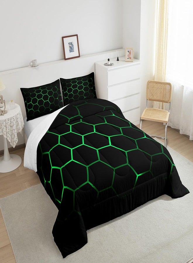 Feelyou Hexagonal Bedding Set 3D Geometric Honeycomb Comforter Set for Kids Boys Girls Luxury Beehive Hexagon Comforter Neon Green Black Decor Quilt Set Bedroom Collection 3Pcs Queen Size - Image 5