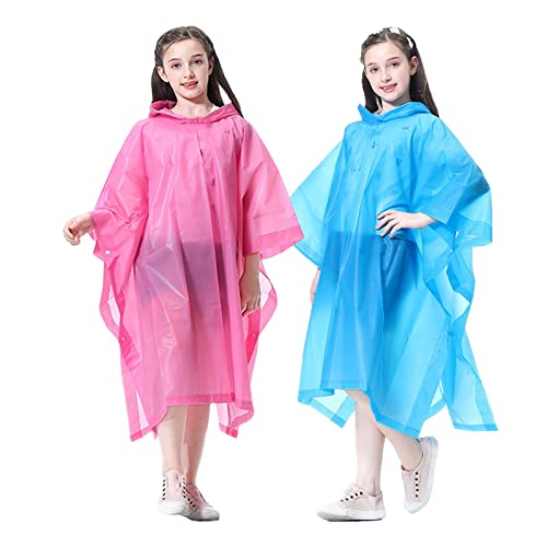 YUNLOVXEE Rain Poncho Raincoats for Kids Reusable - 2 Pack EVA Waterproof Rain Coat with Hood Rain Jacket for Boys Girls (US, Alpha, One Size, Regular, Pink+Blue) - Image 1
