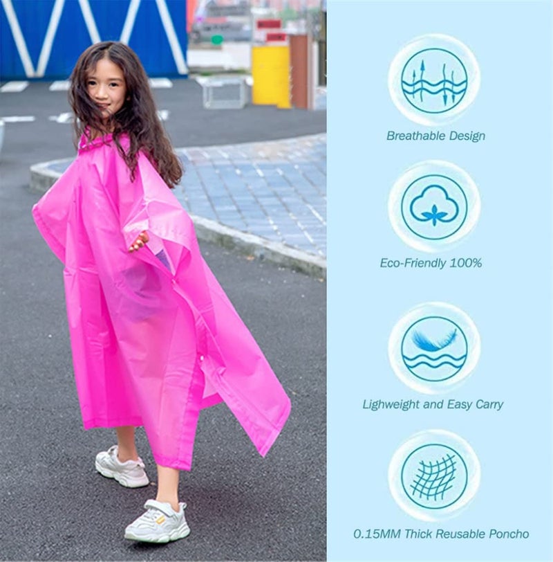 YUNLOVXEE Rain Poncho Raincoats for Kids Reusable - 2 Pack EVA Waterproof Rain Coat with Hood Rain Jacket for Boys Girls (US, Alpha, One Size, Regular, Pink+Blue) - Image 2