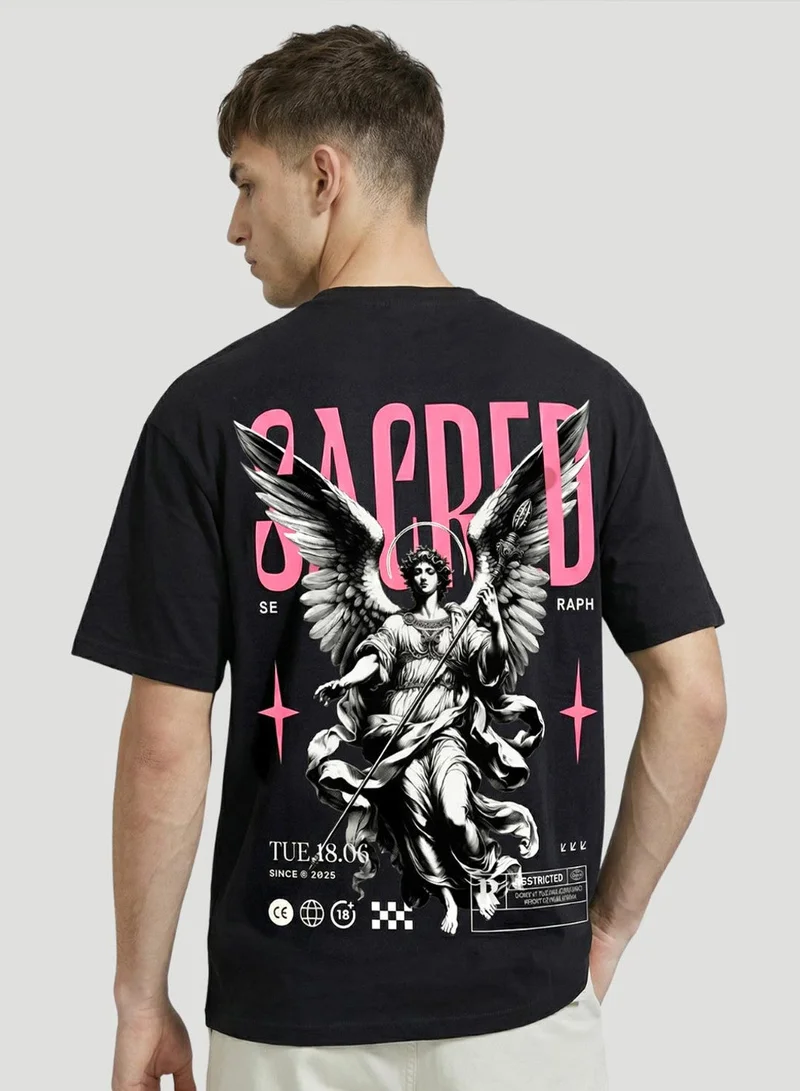 دينيس لينغو Black 100% Cotton Printed Regular Fit T-Shirt For Men