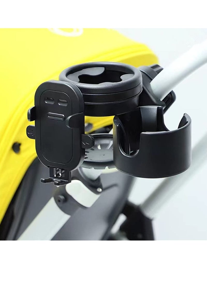 SYOSI Cup Holder Upgraded Universal 3-in-1 Cup Holder with Phone Holder Organizer Accommodates two cups 360° Rotation One-hand Operationm for Stroller Bike Walker Wheelchair Scooter  - Image 2
