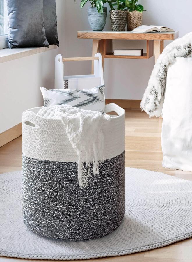 Goodpick Large Cotton Rope Basket 15.8"x15.8"x13.8"-Baby Laundry Basket Woven Blanket Basket Nursery Bin, Gray - Image 2