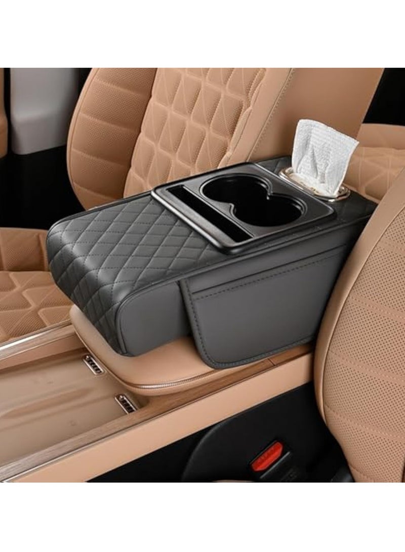 Arabest وسادة ذراع السيارة متعددة الوظائف، غطاء وحدة التحكم المركزية 5 في 1 مع 2 جيب تخزين، حامل أكواب، فتحة صندوق مناديل، فتحة هاتف محمول للسيارة، ملحقات السيارة منظم السيارة (أسود) - Image 1