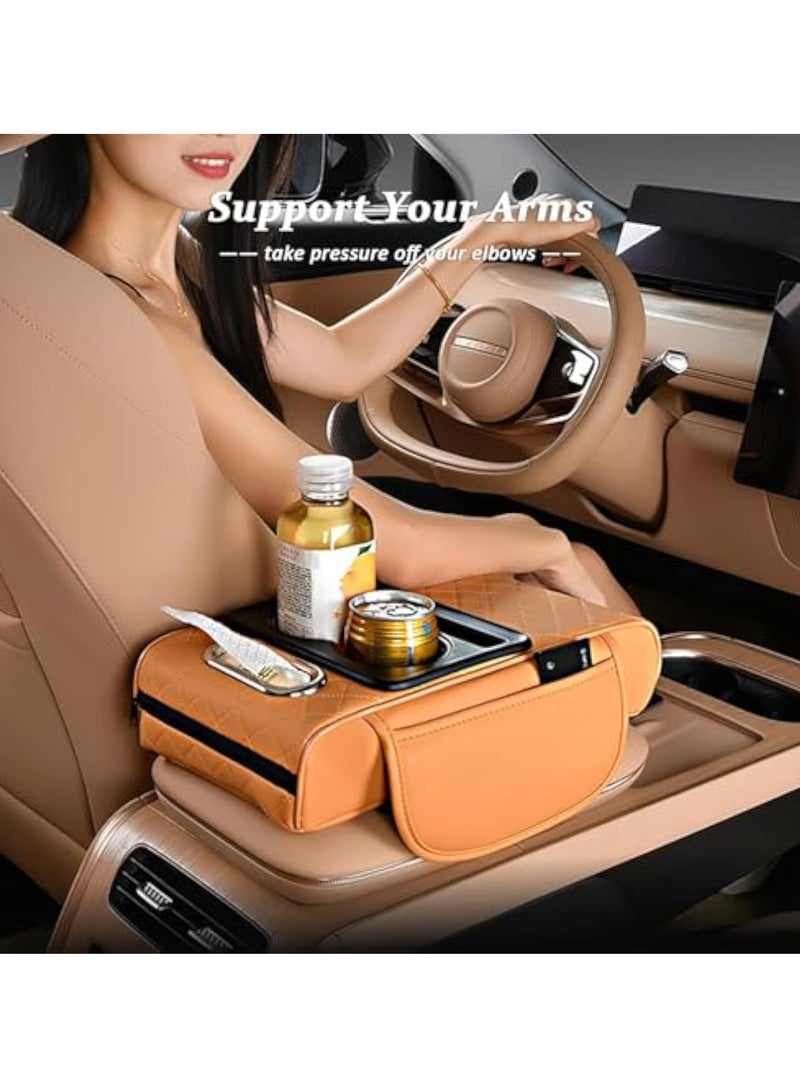 Arabest وسادة ذراع السيارة متعددة الوظائف، غطاء وحدة التحكم المركزية 5 في 1 مع 2 جيب تخزين، حامل أكواب، فتحة صندوق مناديل، فتحة هاتف محمول للسيارة، ملحقات السيارة منظم السيارة (أسود) - Image 2