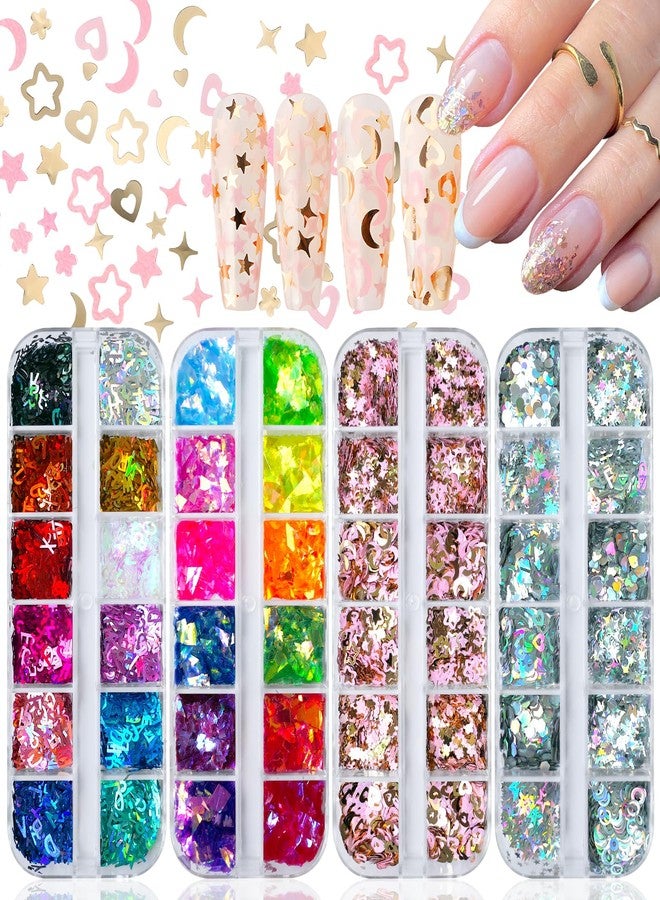 Lifextol 4 Box Nail Glitter for Press on Nails DIY Supplies, Chunky Glitter Acrylic Powder Nails Fine Glitter for Fake Nails Decor, Nail Art Foil Holographic Glitter Shapes Star Flakes Nail Sequins-C - Image 1