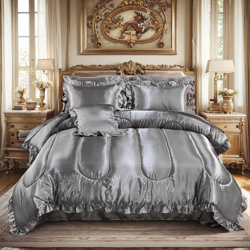 Bedding_Dreamer طقم لحاف ساتان من Bedding_Dreamer مع طقم ملاءات، مقاس كوين، 8 قطع، لون رمادي حريري ناعم، طقم لحاف فاخر بنقشة الكشكشة الحريرية مع غطاء وسادة واحد (مقاس كوين، رمادي). - Image 1