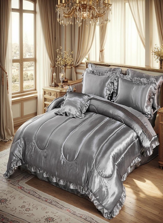 Bedding_Dreamer طقم لحاف ساتان من Bedding_Dreamer مع طقم ملاءات، مقاس كوين، 8 قطع، لون رمادي حريري ناعم، طقم لحاف فاخر بنقشة الكشكشة الحريرية مع غطاء وسادة واحد (مقاس كوين، رمادي). - Image 2