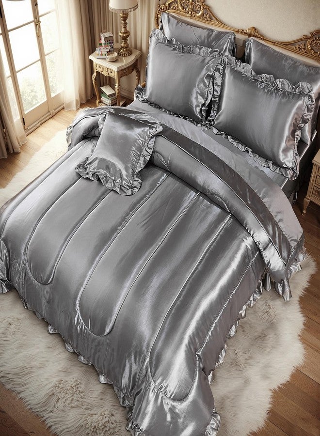 Bedding_Dreamer طقم لحاف ساتان من Bedding_Dreamer مع طقم ملاءات، مقاس كوين، 8 قطع، لون رمادي حريري ناعم، طقم لحاف فاخر بنقشة الكشكشة الحريرية مع غطاء وسادة واحد (مقاس كوين، رمادي). - Image 5