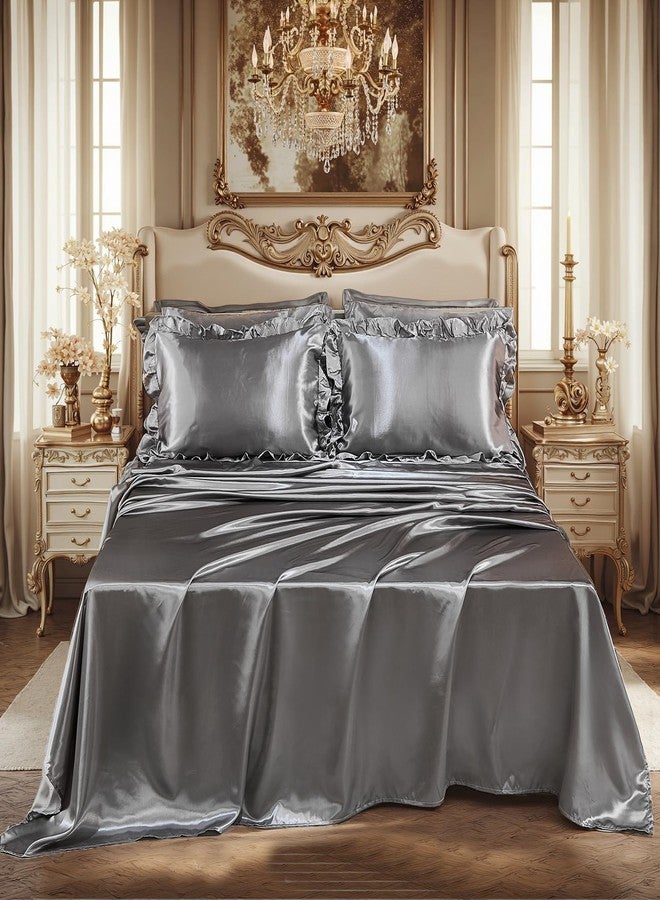 Bedding_Dreamer طقم لحاف ساتان من Bedding_Dreamer مع طقم ملاءات، مقاس كوين، 8 قطع، لون رمادي حريري ناعم، طقم لحاف فاخر بنقشة الكشكشة الحريرية مع غطاء وسادة واحد (مقاس كوين، رمادي). - Image 4