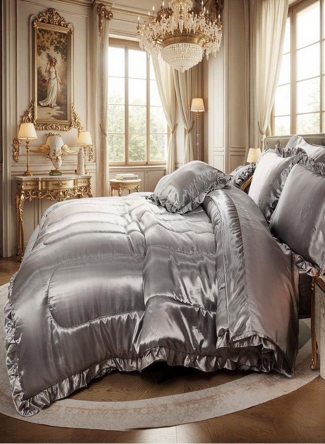 Bedding_Dreamer طقم لحاف ساتان من Bedding_Dreamer مع طقم ملاءات، مقاس كوين، 8 قطع، لون رمادي حريري ناعم، طقم لحاف فاخر بنقشة الكشكشة الحريرية مع غطاء وسادة واحد (مقاس كوين، رمادي). - Image 3