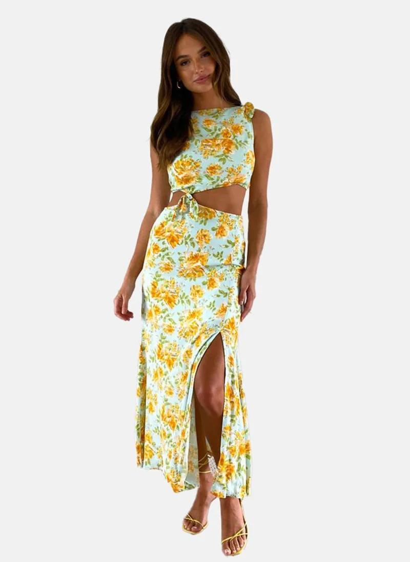 يونيكي Sea Green Boat Neck Floral Print Shift Dress