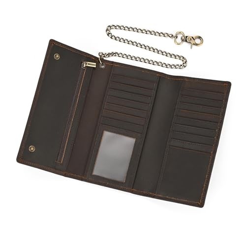 LUUFAN Genuine Leather Tri-fold Long Wallet with Anti-theft Chain for Men Vintage Cash Coin Credit Card Purse with ID Window - Image 1