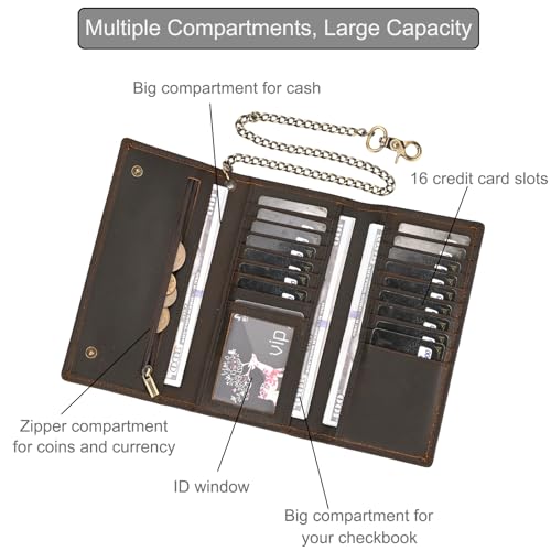 LUUFAN Genuine Leather Tri-fold Long Wallet with Anti-theft Chain for Men Vintage Cash Coin Credit Card Purse with ID Window - Image 4