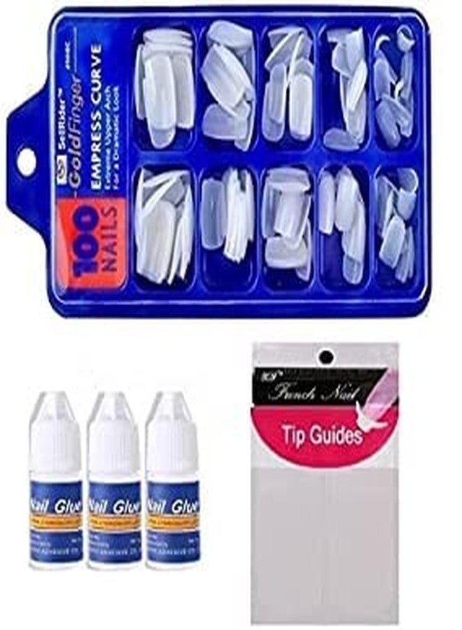 ALVRIO 100 Pc Nail Tip Artificial Curve Tips Fake Nails With 3 Glue Bottles & Tip Guide (White) - Image 1