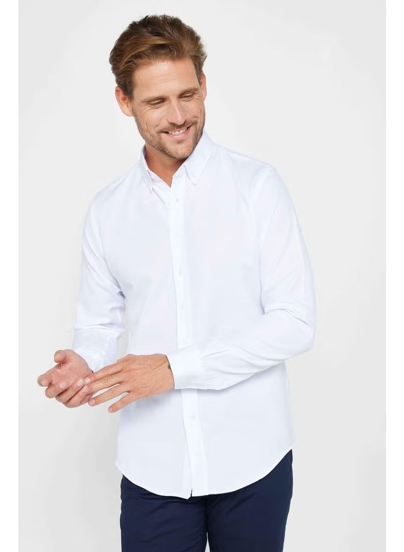 Tudors Slim Fit Long Sleeve Slim Fit Button Collar Cotton Plain Oxford White Men's Shirt - Image 1