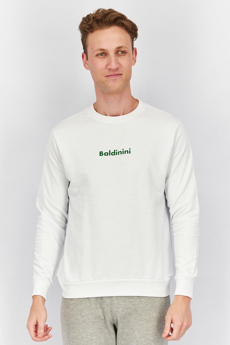 Baldinini Men Crew Neck Brand Logo Long Sleeves Sweatshirt, White and Forest - Image 1