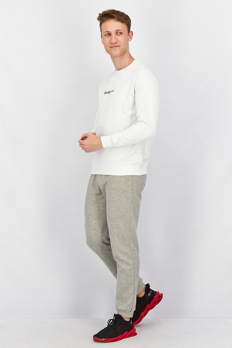 Baldinini Men Crew Neck Brand Logo Long Sleeves Sweatshirt, White and Forest - Image 4
