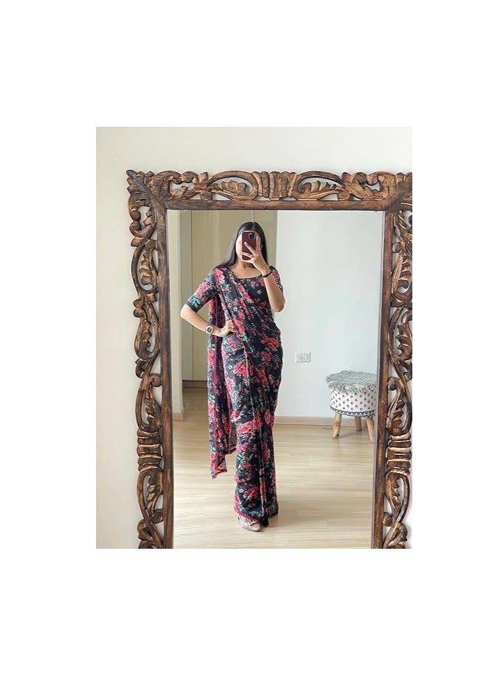 Accessorize Kingdom Women's Georgette Printed Ready To Wear one Minute Saree With Unstitched Blouse Piece (Floral Black_Floral Blac_Free Size)  - Image 2