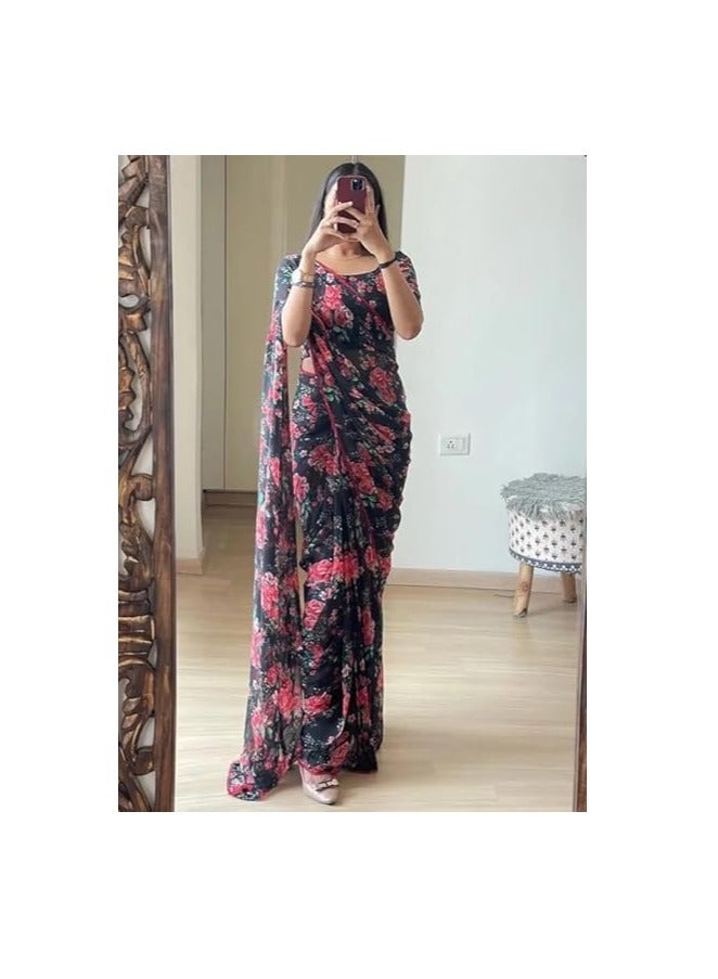 Accessorize Kingdom Women's Georgette Printed Ready To Wear one Minute Saree With Unstitched Blouse Piece (Floral Black_Floral Blac_Free Size)  - Image 3