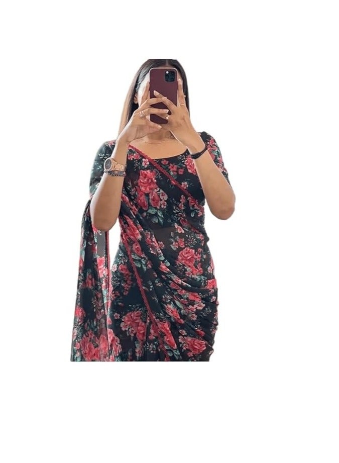 Accessorize Kingdom Women's Georgette Printed Ready To Wear one Minute Saree With Unstitched Blouse Piece (Floral Black_Floral Blac_Free Size)  - Image 1