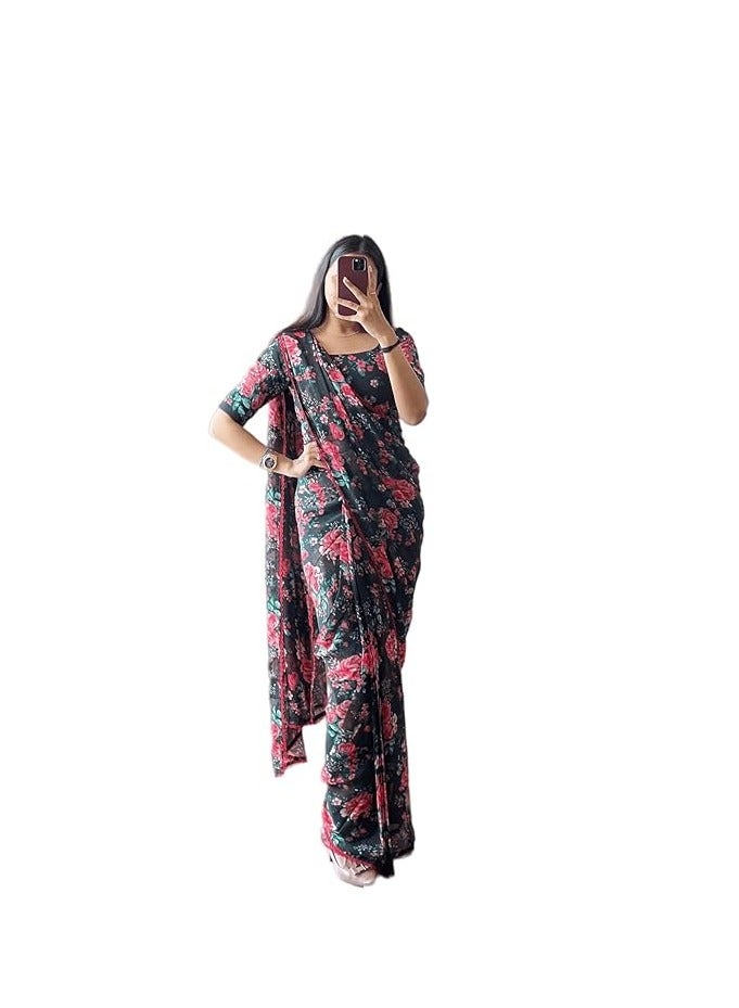 Accessorize Kingdom Women's Georgette Printed Ready To Wear one Minute Saree With Unstitched Blouse Piece (Floral Black_Floral Blac_Free Size)  - Image 4