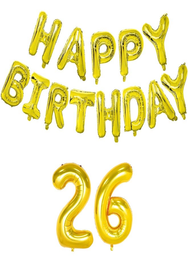 Flyloons 26th Golden Happy Birthday Foil Balloon Banner Set for 26 Year Boys Girls Men Women|with Number Twenty-six|13 Letters Reusable Happy Birthday Metallic Foil Balloon Decoration Kit, 15Pcs - Image 1