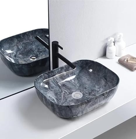 CANCRI Wash Basin Countertop | Tabletop Ceramic Bathroom Sink | Wash Basin Over Counter | Designer Wash Basin | Wash Basin For Bathroom (18 x 13 x 5.5 Inch) (Blue Wash Basin) - Image 1