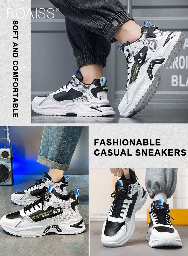 roaiss Hand Drawn Patterns Chunky Sneakers for Men Soft Sole Non Slip Shock Lightweight Breathable Basketball Shoes Mens Street Style Sports Walking Shoes for Outdoor Workout Activities Colorblock Sneakers  - Image 1