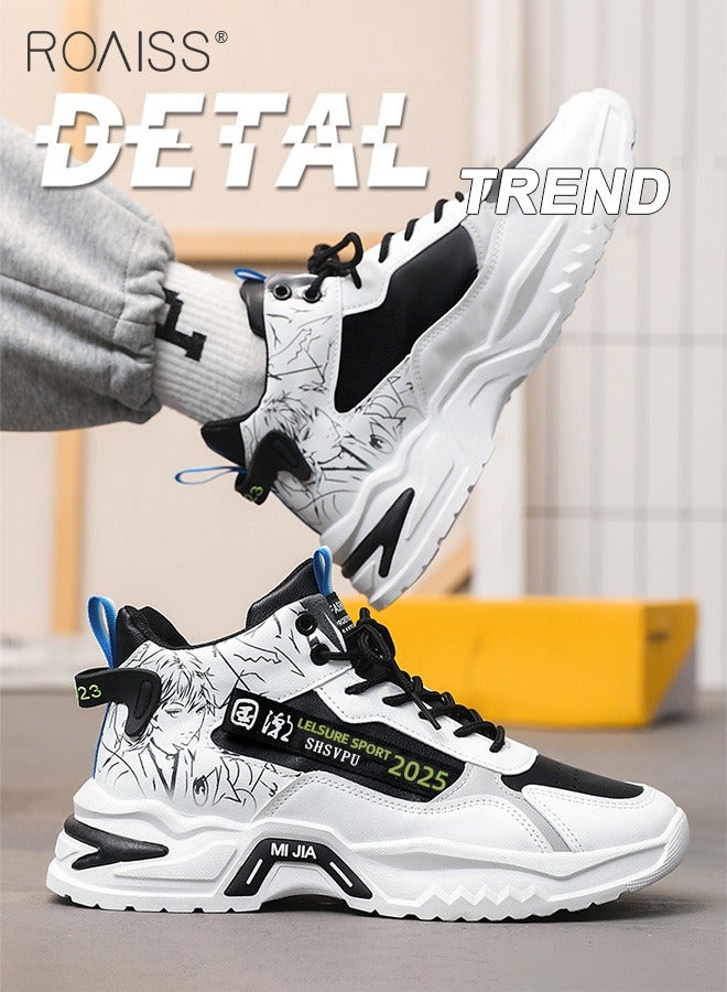 roaiss Hand Drawn Patterns Chunky Sneakers for Men Soft Sole Non Slip Shock Lightweight Breathable Basketball Shoes Mens Street Style Sports Walking Shoes for Outdoor Workout Activities Colorblock Sneakers  - Image 2