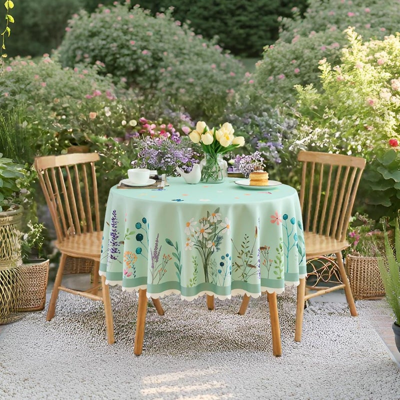 EFFICINATURE Round Tablecloth 60 Inch Floral Table Cloth Scalloped Edge Silky Light Fabric Waterproof Wrinkle Free Washable Table Cover for Kitchen Dinning Outdoor Birthday Patio Christmas Decor (Sage Green) - Image 4