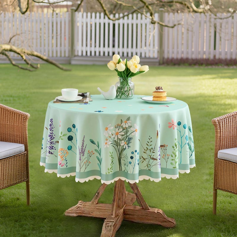 EFFICINATURE Round Tablecloth 60 Inch Floral Table Cloth Scalloped Edge Silky Light Fabric Waterproof Wrinkle Free Washable Table Cover for Kitchen Dinning Outdoor Birthday Patio Christmas Decor (Sage Green) - Image 3
