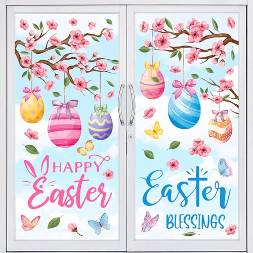 Whaline 6 Sheets Easter Eggs Window Clings Watercolor Egg Flower Butterfly Window Decal DoubleSided Spring Tree Windows Decor for Shop Glass Display Home Office School Supplies - Image 1