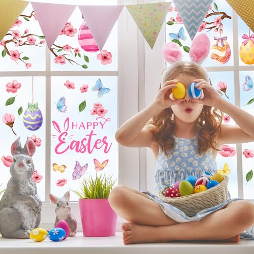 Whaline 6 Sheets Easter Eggs Window Clings Watercolor Egg Flower Butterfly Window Decal DoubleSided Spring Tree Windows Decor for Shop Glass Display Home Office School Supplies - Image 3