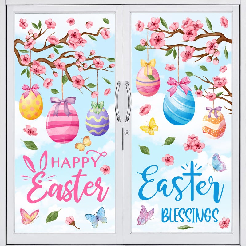 Whaline 6 Sheets Easter Eggs Window Clings Watercolor Egg Flower Butterfly Window Decal DoubleSided Spring Tree Windows Decor for Shop Glass Display Home Office School Supplies - Image 2