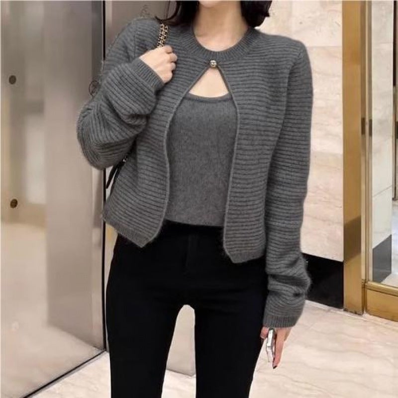 2024 Early Autumn New Two-piece Knitted Sweater Korean-style Inner Camisole Long-sleeved Knitted Blouse Two-piece Set Gray ah0521 - Image 1