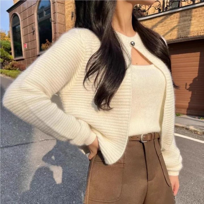 2024 Early Autumn New Two-piece Knitted Sweater Korean-style Inner Camisole Long-sleeved Knitted Blouse Two-piece Set Gray ah0521 - Image 2